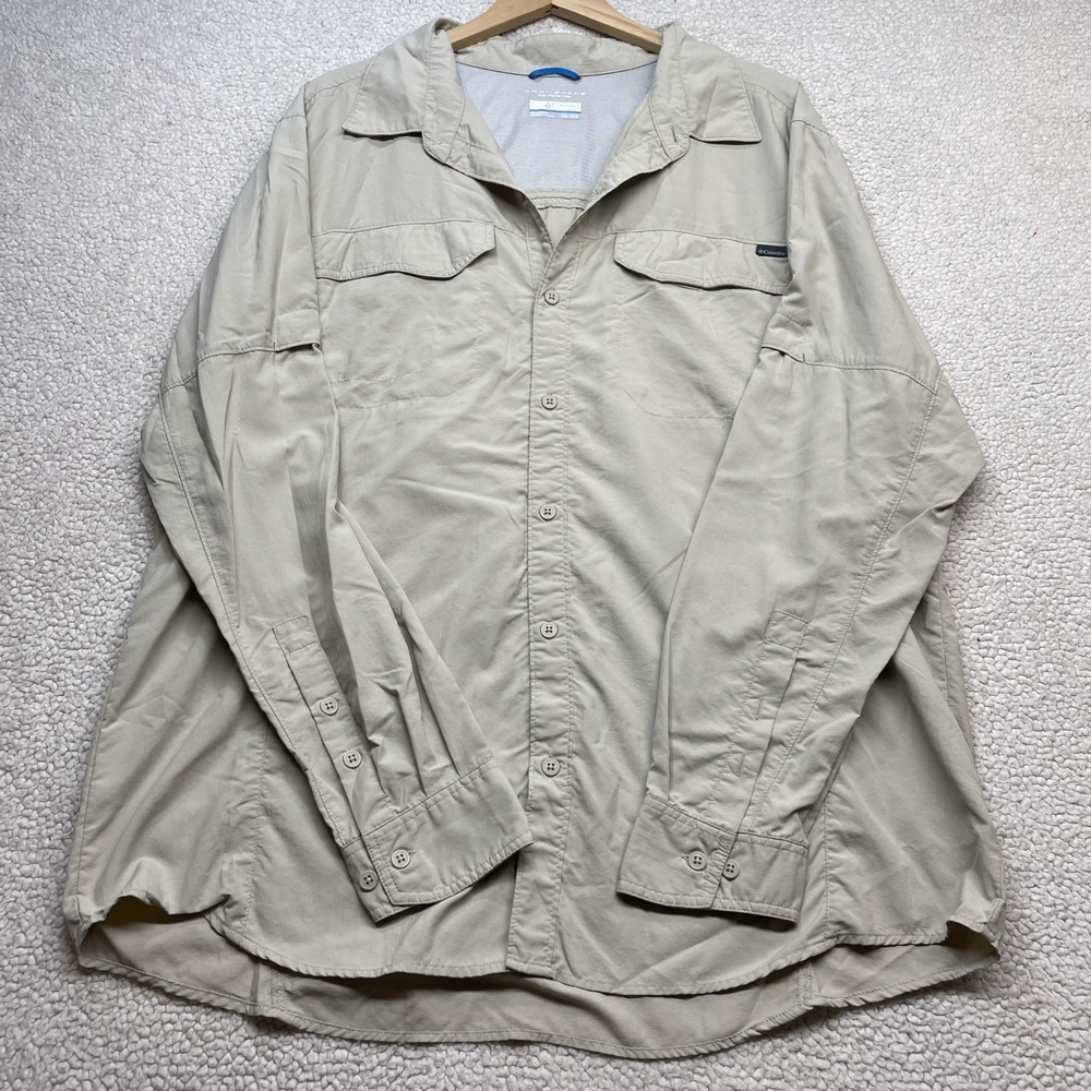 Columbia Shirt Mens XXL Tan Omni-Shade Long Sleeve Hiking Fishing Button Up